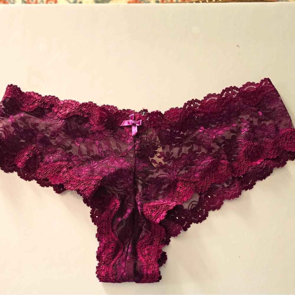 Victoria's Secret Cheeky Lace Panties Floral Sheer Stretch Bow Purple L